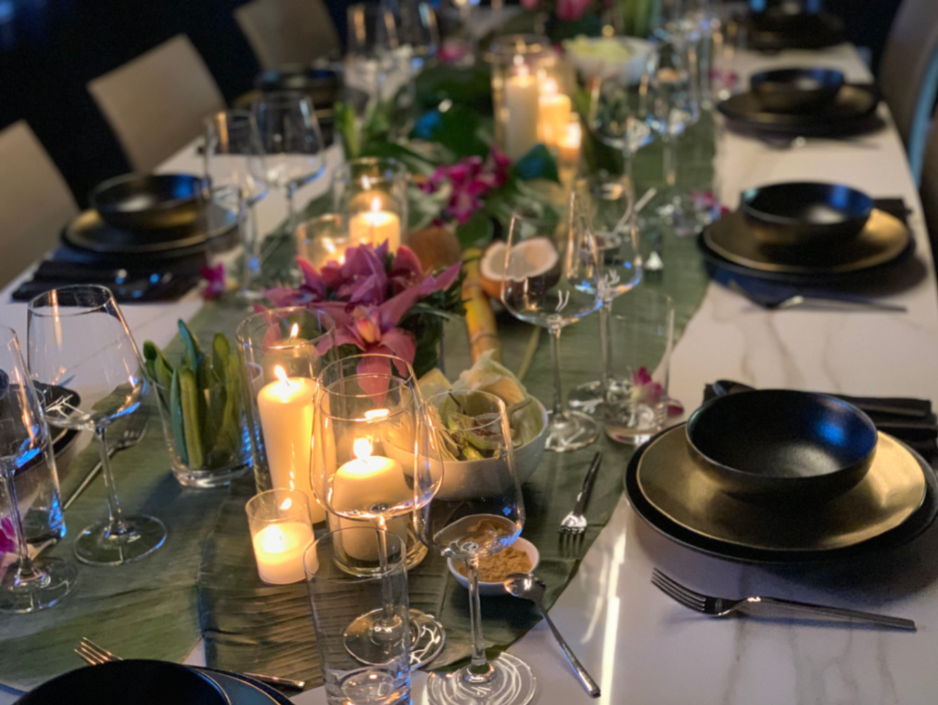 Outdoor villa dinner at golden hour